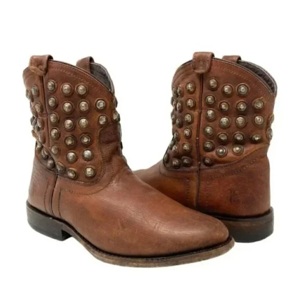 Frye Wyatt Distressed Brown Leather Studded Short Western Boots - Size 5.5